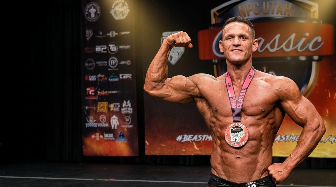 On stage, NPC Utah Classic — real competition, single-arm flex